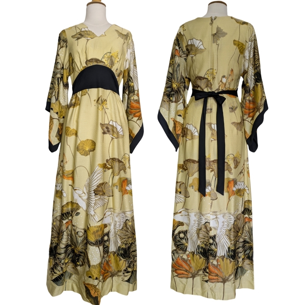 60s/70s Kimono Maxi Dress Bird Pattern Size Xs*